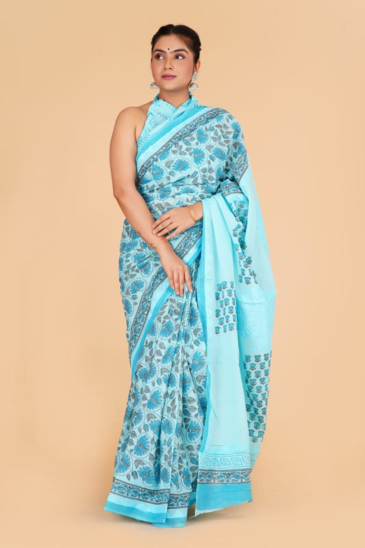 (APPLIQUE) HAND BLOCK PRINTED COTTON SAREE (5.5 Mtr) WITH UNSTICHED BLOUSE PIECE (90CM) (HAND CUT WORK)