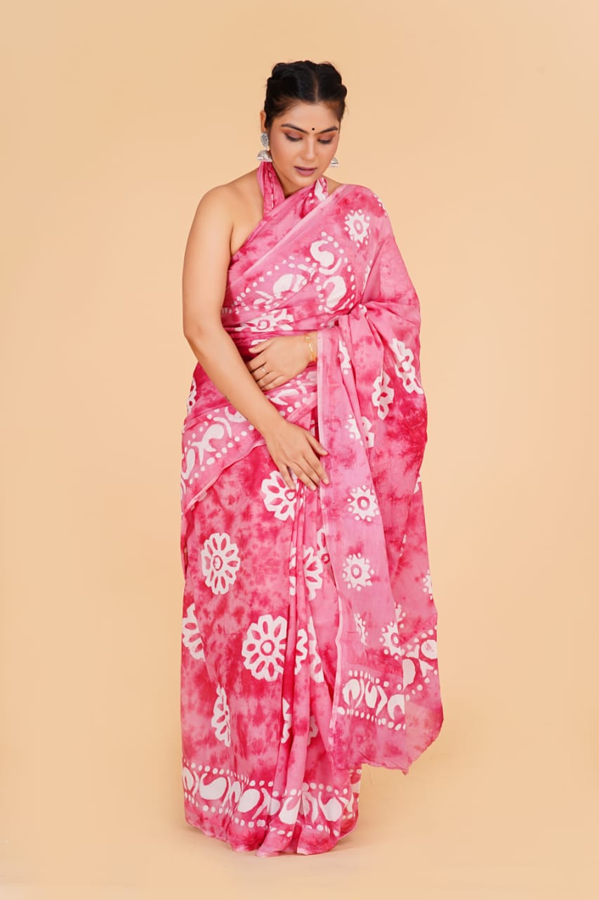 (APPLIQUE) HAND BLOCK PRINTED COTTON SAREE (5.5 Mtr) WITH UNSTICHED BLOUSE PIECE (90CM) (HAND CUT WORK)