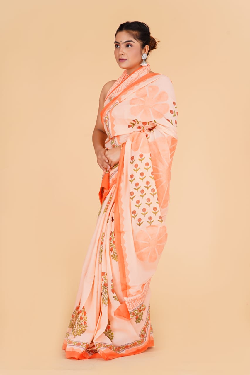 (APPLIQUE) HAND BLOCK PRINTED COTTON SAREE (5.5 Mtr) WITH UNSTICHED BLOUSE PIECE (90CM) (HAND CUT WORK)