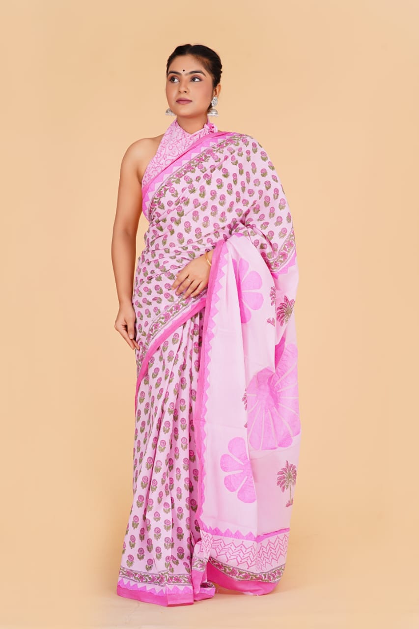 (APPLIQUE) HAND BLOCK PRINTED COTTON SAREE (5.5 Mtr) WITH UNSTICHED BLOUSE PIECE (90CM) (HAND CUT WORK)