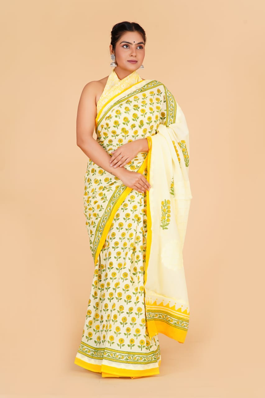 (APPLIQUE) HAND BLOCK PRINTED COTTON SAREE (5.5 Mtr) WITH UNSTICHED BLOUSE PIECE (90CM) (HAND CUT WORK)