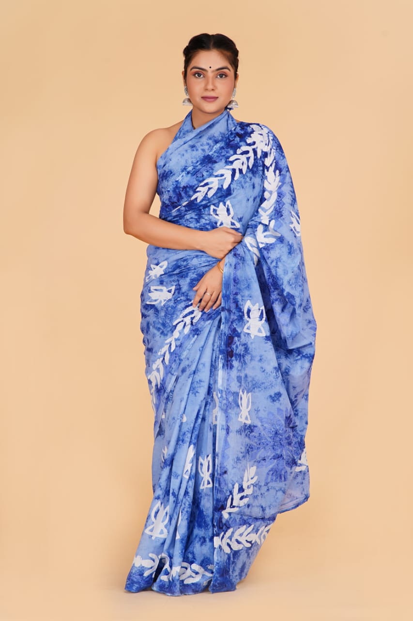 (APPLIQUE) HAND BLOCK PRINTED COTTON SAREE (5.5 Mtr) WITH UNSTICHED BLOUSE PIECE (90CM) (HAND CUT WORK)