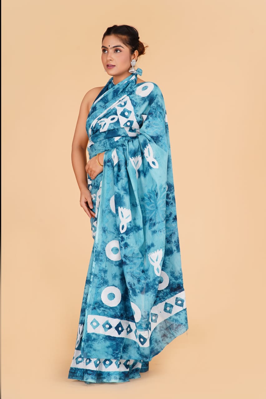 (APPLIQUE) HAND BLOCK PRINTED COTTON SAREE (5.5 Mtr) WITH UNSTICHED BLOUSE PIECE (90CM) (HAND CUT WORK)