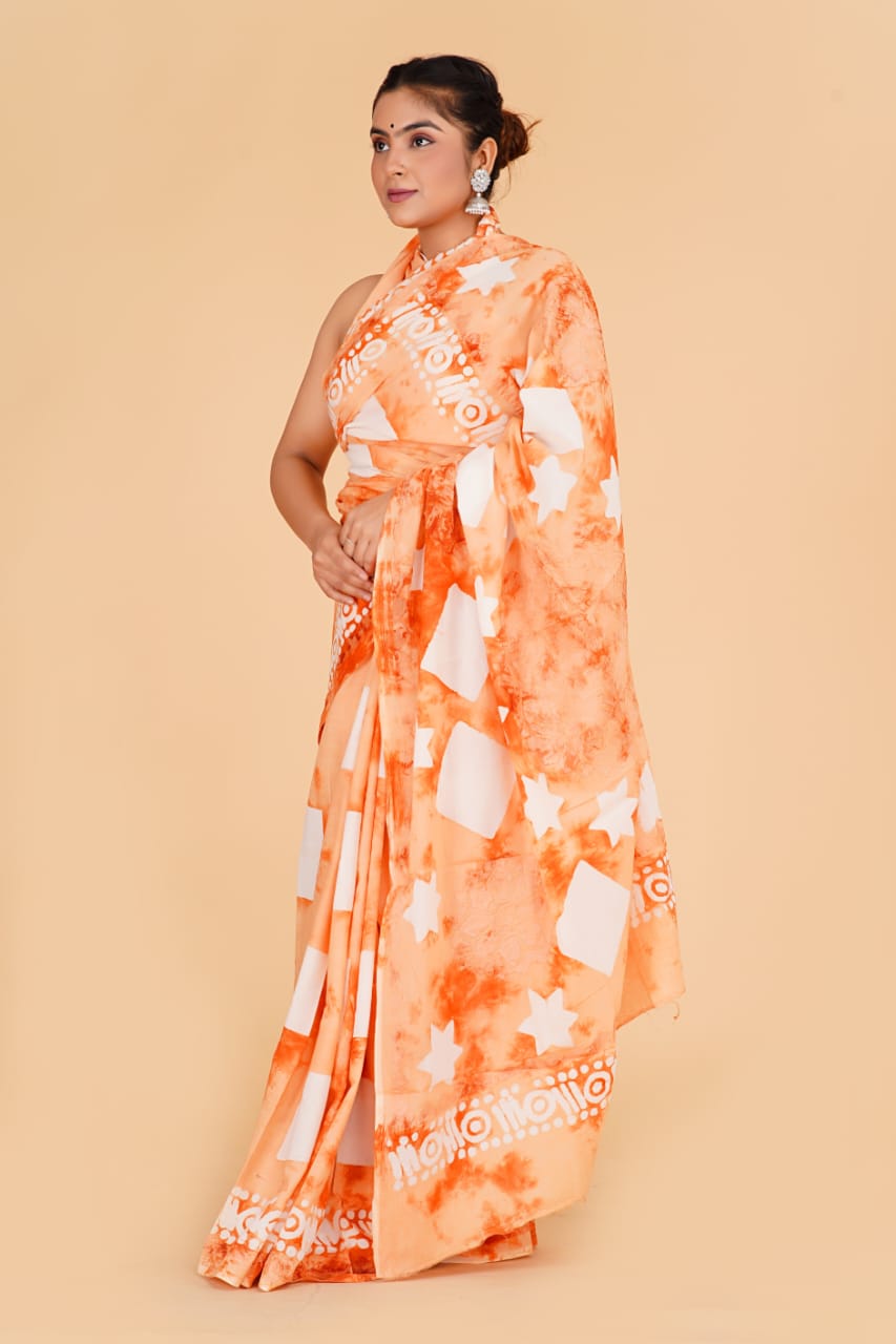 (APPLIQUE) HAND BLOCK PRINTED COTTON SAREE (5.5 Mtr) WITH UNSTICHED BLOUSE PIECE (90CM) (HAND CUT WORK)