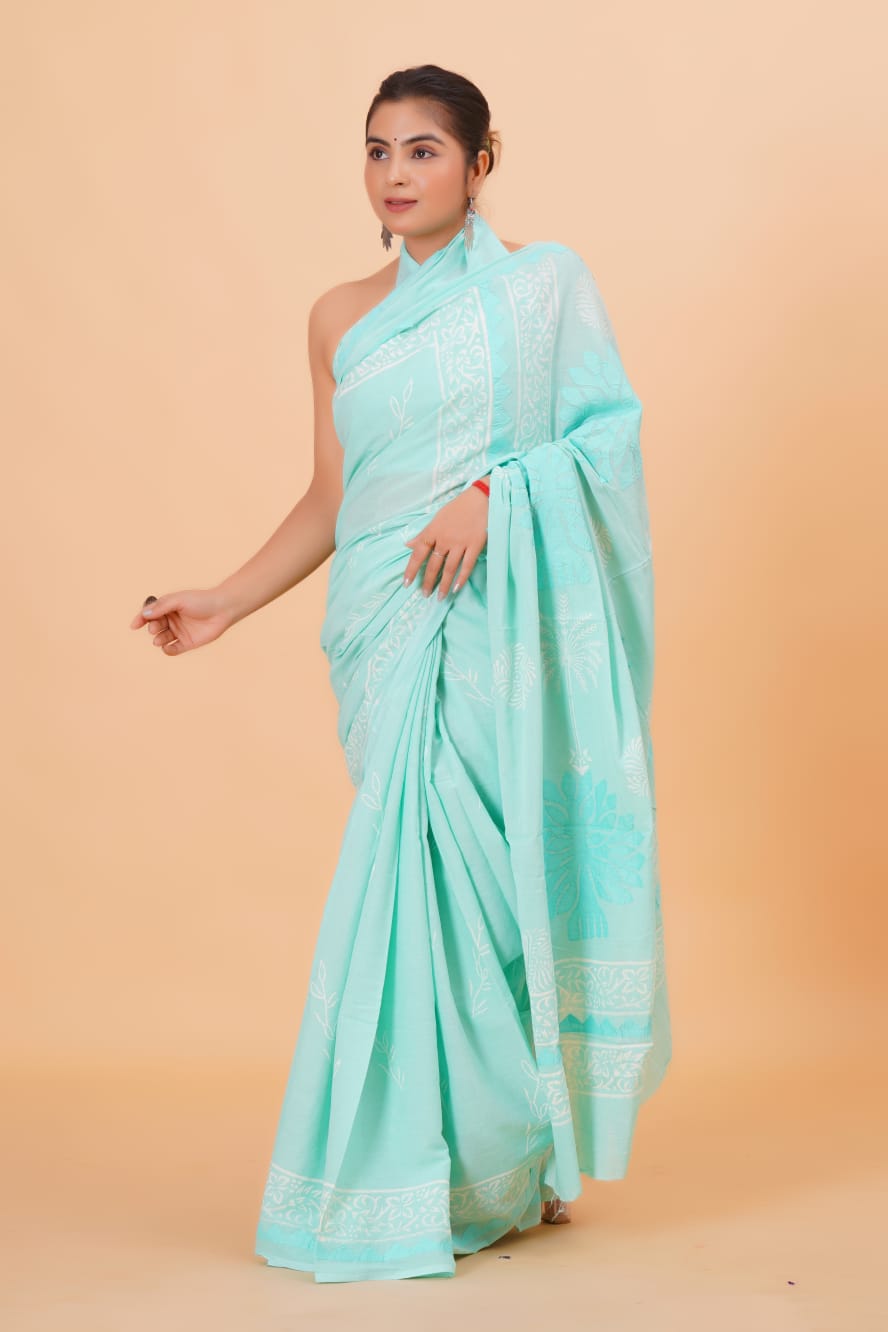 (APPLIQUE) HAND BLOCK PRINTED COTTON SAREE (5.5 Mtr) WITH UNSTICHED BLOUSE PIECE (90CM) (HAND CUT WORK)