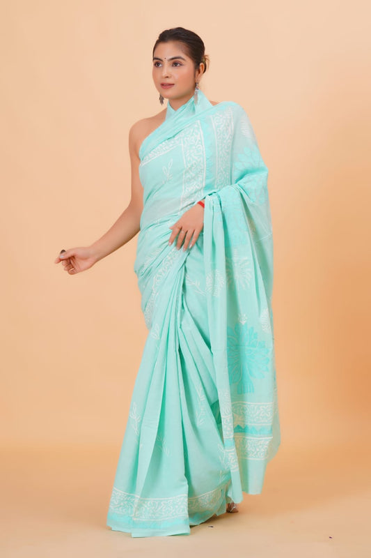 (APPLIQUE) HAND BLOCK PRINTED COTTON SAREE (5.5 Mtr) WITH UNSTICHED BLOUSE PIECE (90CM) (HAND CUT WORK)