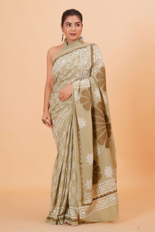 (APPLIQUE) HAND BLOCK PRINTED COTTON SAREE (5.5 Mtr) WITH UNSTICHED BLOUSE PIECE (90CM) (HAND CUT WORK)