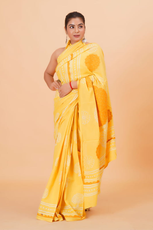 (APPLIQUE) HAND BLOCK PRINTED COTTON SAREE (5.5 Mtr) WITH UNSTICHED BLOUSE PIECE (90CM) (HAND CUT WORK)