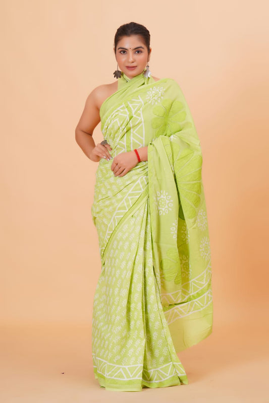 (APPLIQUE) HAND BLOCK PRINTED COTTON SAREE (5.5 Mtr) WITH UNSTICHED BLOUSE PIECE (90CM) (HAND CUT WORK)