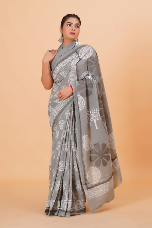 (APPLIQUE) HAND BLOCK PRINTED COTTON SAREE (5.5 Mtr) WITH UNSTICHED BLOUSE PIECE (90CM) (HAND CUT WORK)