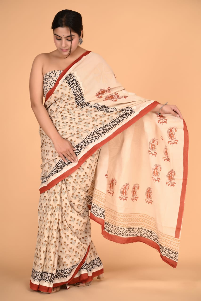 (APPLIQUE) HAND BLOCK PRINTED COTTON SAREE (5.5 Mtr) WITH UNSTICHED BLOUSE PIECE (90CM) (HAND CUT WORK)