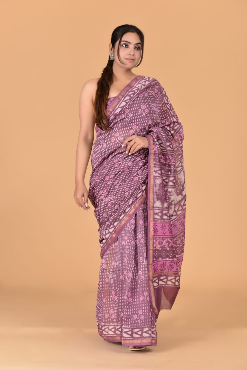 Block Printed Chanderi Silk Saree (5.5 Mtr) With Unstiched Blouse Piece (90Cm)