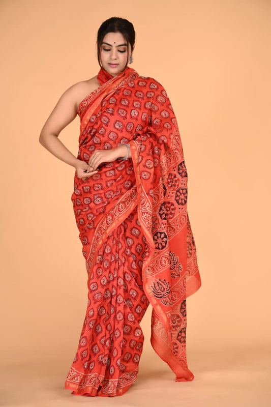 Block Printed Chanderi Silk Saree (5.5 Mtr) With Unstiched Blouse Piece (90Cm)