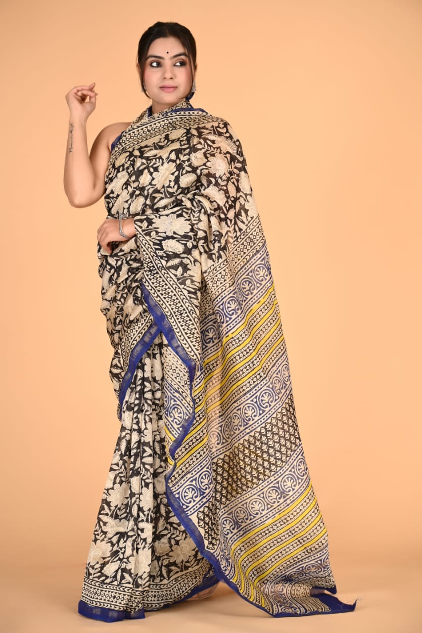 Block Printed Chanderi Silk Saree (5.5 Mtr) With Unstiched Blouse Piece (90Cm)