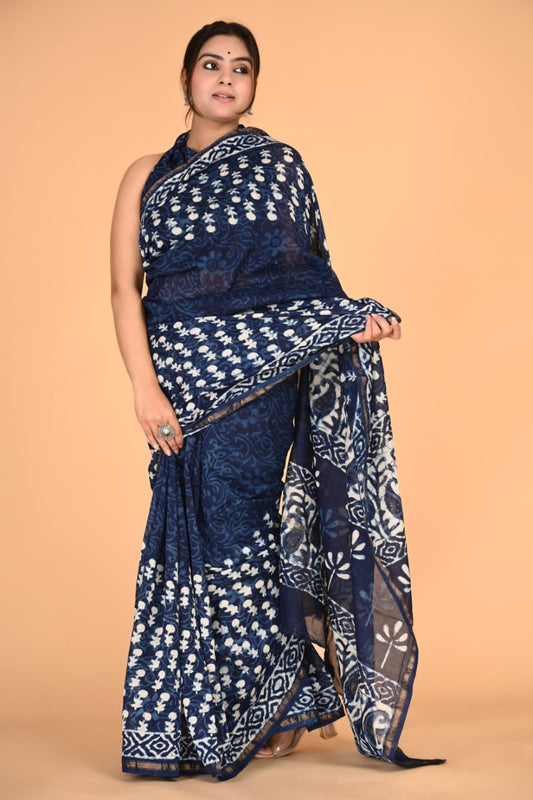 Block Printed Chanderi Silk Saree (5.5 Mtr) With Unstiched Blouse Piece (90Cm)