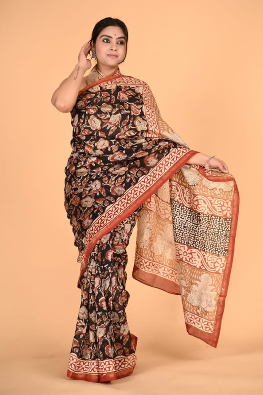 Block Printed Chanderi Silk Saree (5.5 Mtr) With Unstiched Blouse Piece (90Cm)