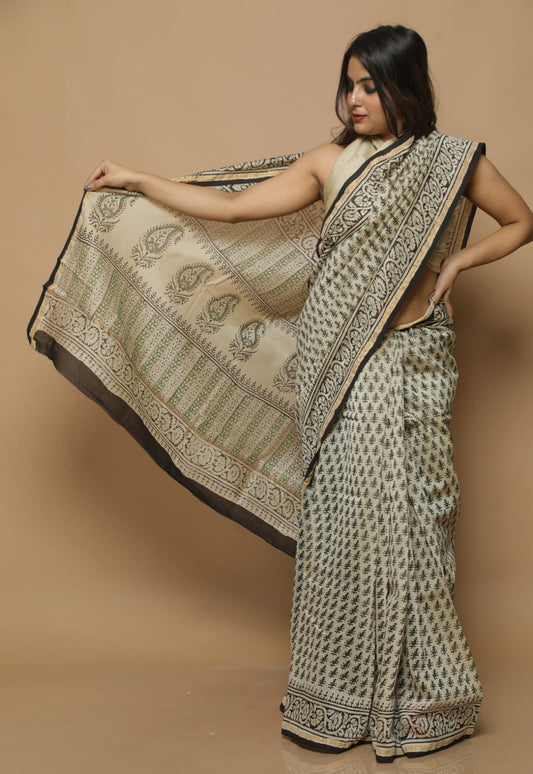 Block Printed Chanderi Silk Saree (5.5 Mtr) With Unstiched Blouse Piece (90Cm)