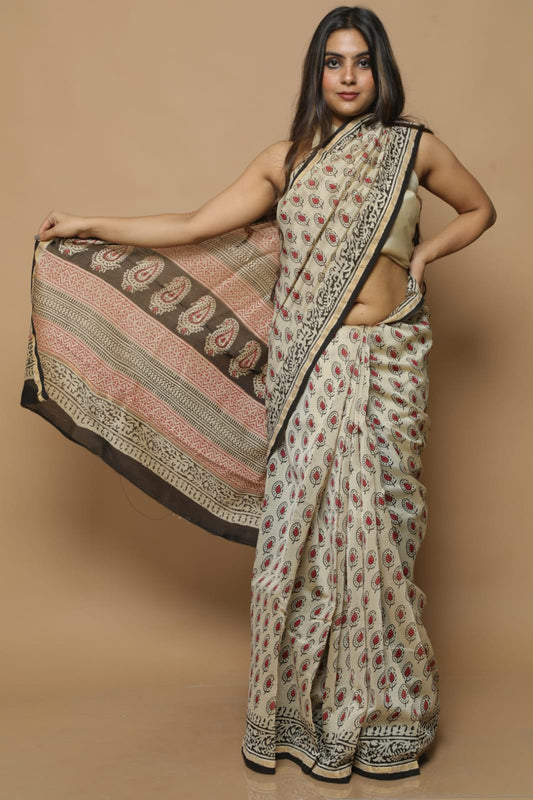 Block Printed Chanderi Silk Saree (5.5 Mtr) With Unstiched Blouse Piece (90Cm)