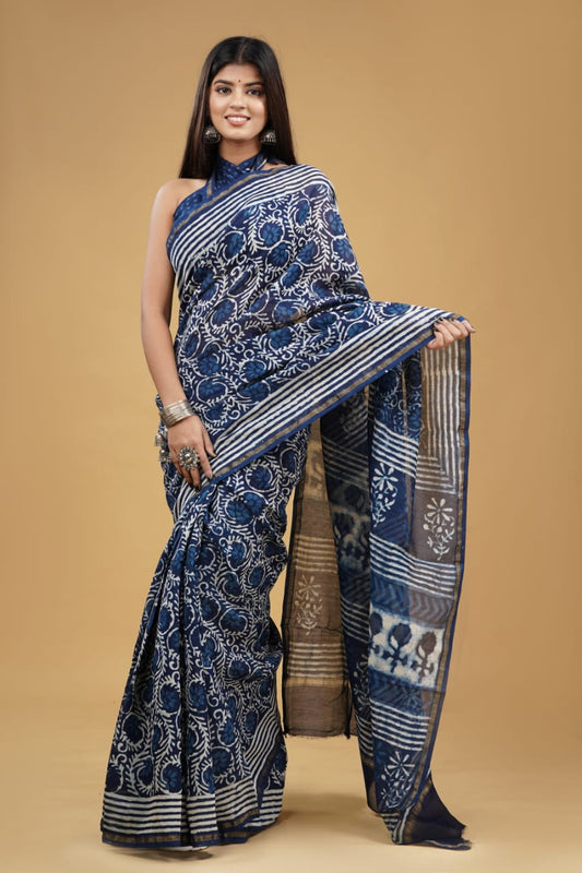 Block Printed Chanderi Silk Saree (5.5 Mtr) With Unstiched Blouse Piece (90Cm)
