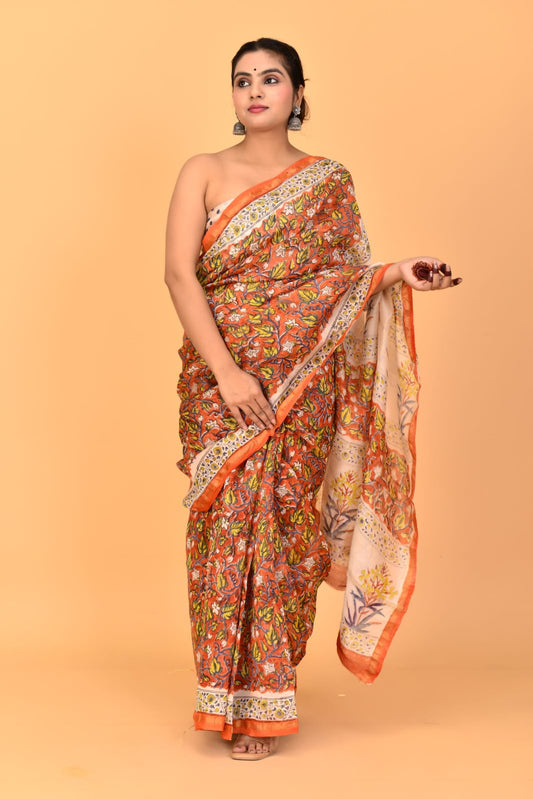 Block Printed Chanderi Silk Saree (5.5 Mtr) With Unstiched Blouse Piece (90Cm)