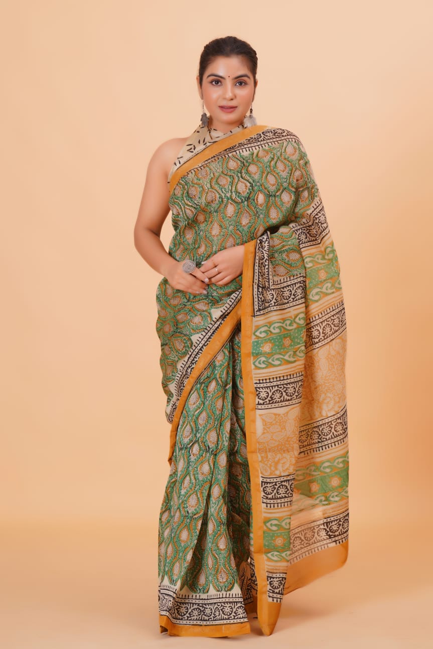 Block Printed Chanderi Silk Saree (5.5 Mtr) With Unstiched Blouse Piece (90Cm)