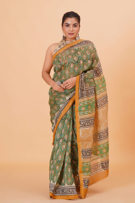 Block Printed Chanderi Silk Saree (5.5 Mtr) With Unstiched Blouse Piece (90Cm)