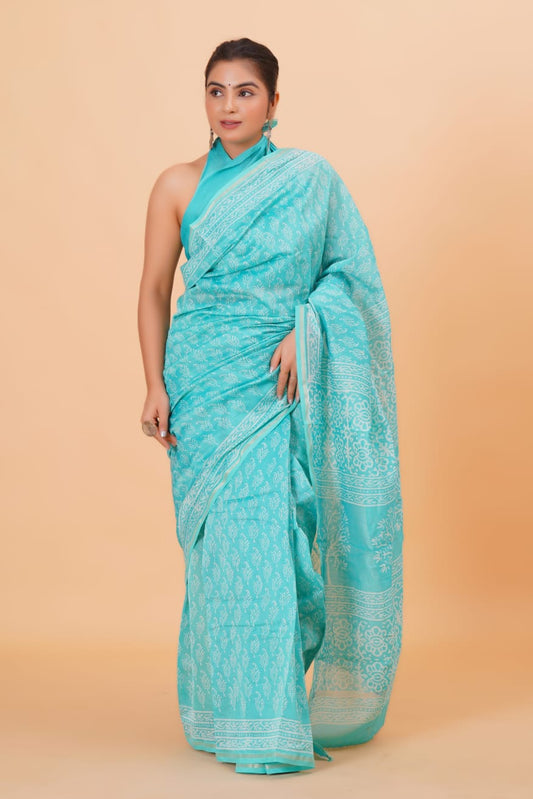 Block Printed Chanderi Silk Saree (5.5 Mtr) With Unstiched Blouse Piece (90Cm)
