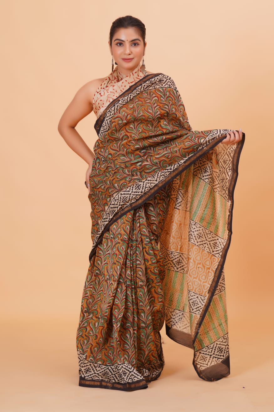 Block Printed Chanderi Silk Saree (5.5 Mtr) With Unstiched Blouse Piece (90Cm)