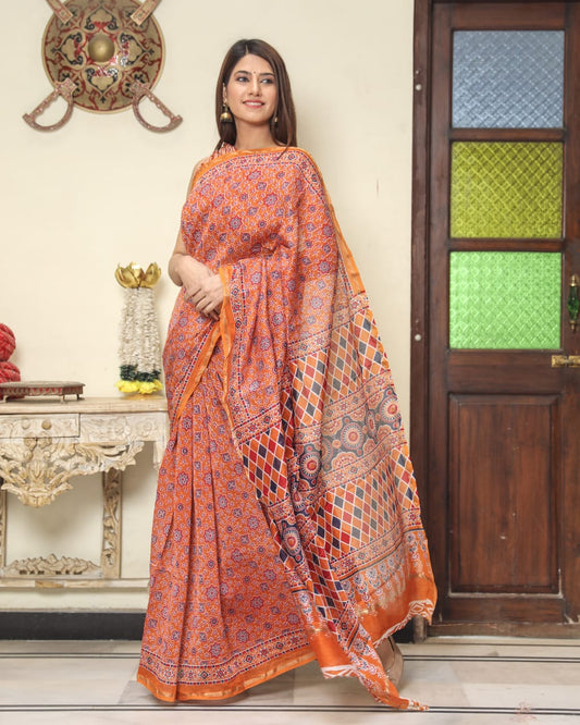Block Printed Chanderi Silk Saree (5.5 Mtr) With Unstiched Blouse Piece (90Cm)