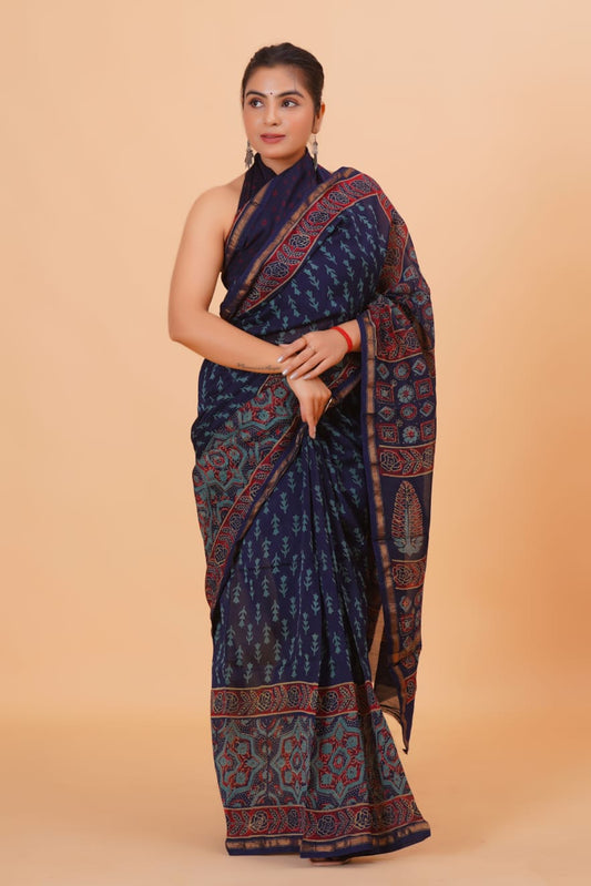Block Printed Chanderi Silk Saree (5.5 Mtr) With Unstiched Blouse Piece (90Cm)
