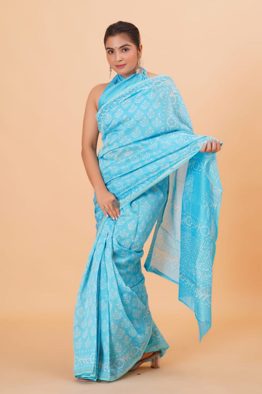 Block Printed Chanderi Silk Saree (5.5 Mtr) With Unstiched Blouse Piece (90Cm)