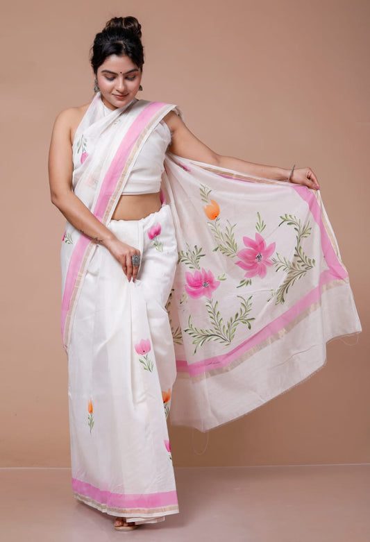 Block Printed Chanderi Silk Saree (5.5 Mtr) With Unstiched Blouse Piece (90Cm)