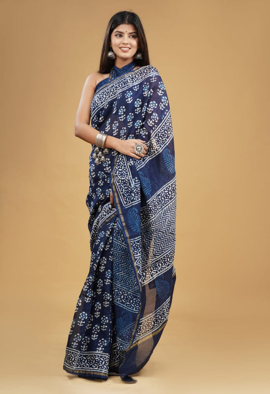 Block Printed Chanderi Silk Saree (5.5 Mtr) With Unstiched Blouse Piece (90Cm)