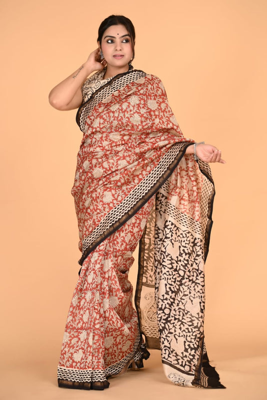 Block Printed Chanderi Silk Saree (5.5 Mtr) With Unstiched Blouse Piece (90Cm)