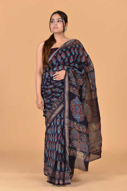 HAND BLOCK PRINTED MAHESHWARI SILK SAREE (5.5 Mtr) WITH UNSTICHED BLOUSE PIECE (90CM)