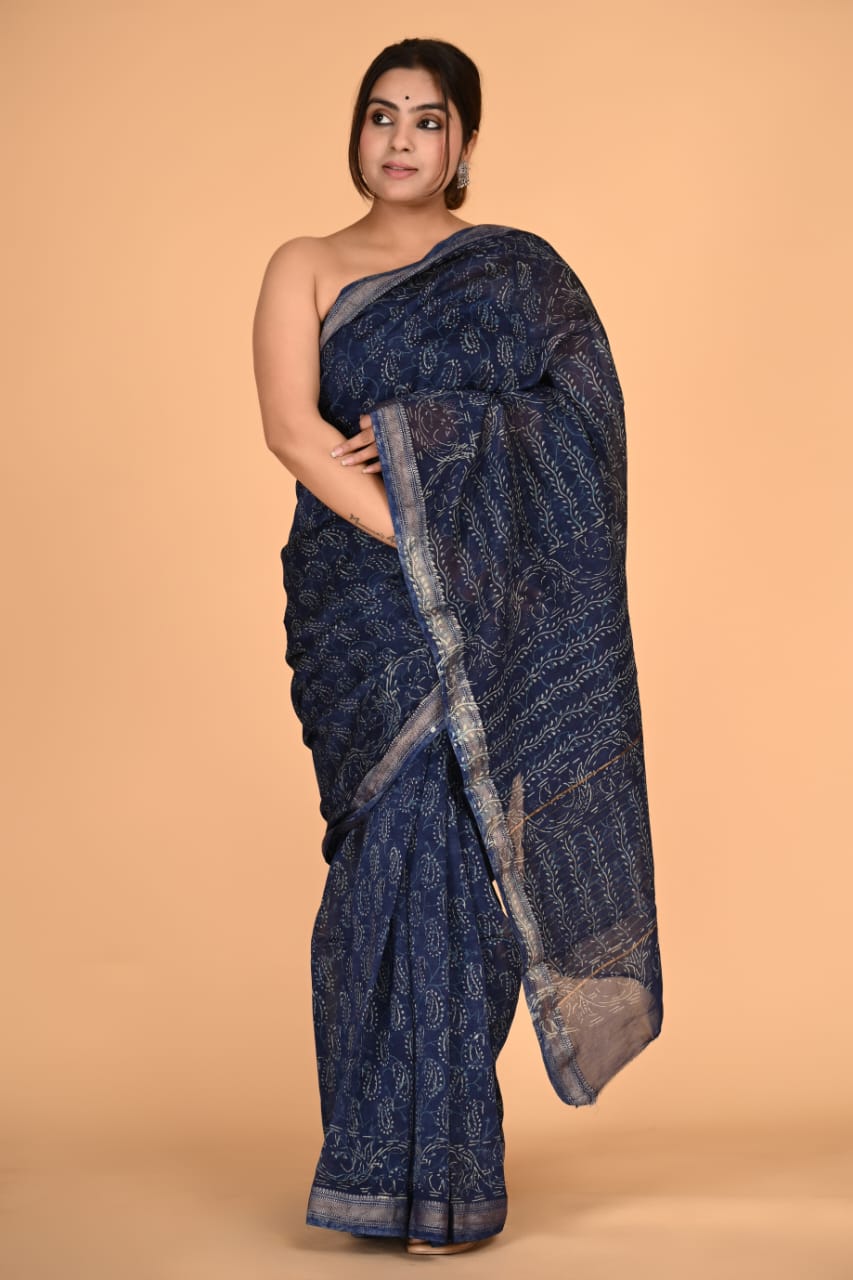 HAND BLOCK PRINTED MAHESHWARI SILK SAREE (5.5 Mtr) WITH UNSTICHED BLOUSE PIECE (90CM)