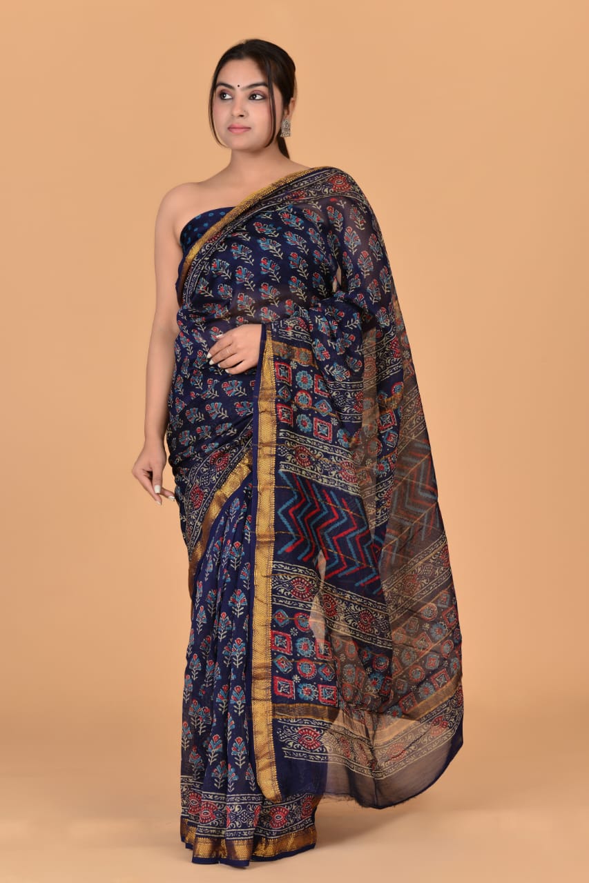 HAND BLOCK PRINTED MAHESHWARI SILK SAREE (5.5 Mtr) WITH UNSTICHED BLOUSE PIECE (90CM)