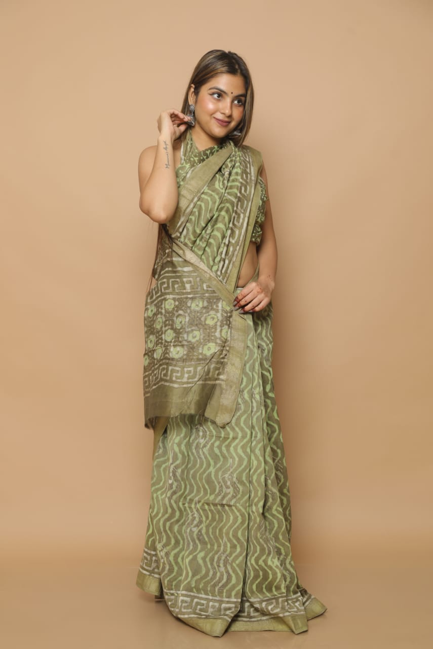 HAND BLOCK PRINTED MAHESHWARI SILK SAREE (5.5 Mtr) WITH UNSTICHED BLOUSE PIECE (90CM)