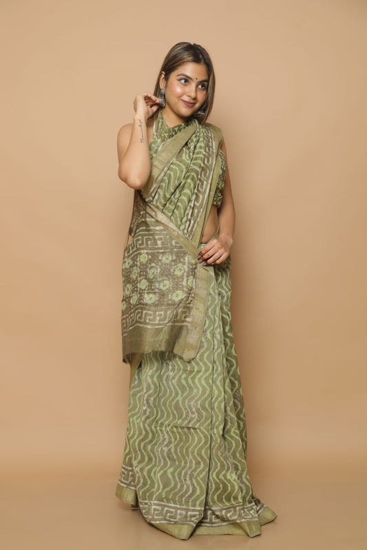 HAND BLOCK PRINTED MAHESHWARI SILK SAREE (5.5 Mtr) WITH UNSTICHED BLOUSE PIECE (90CM)