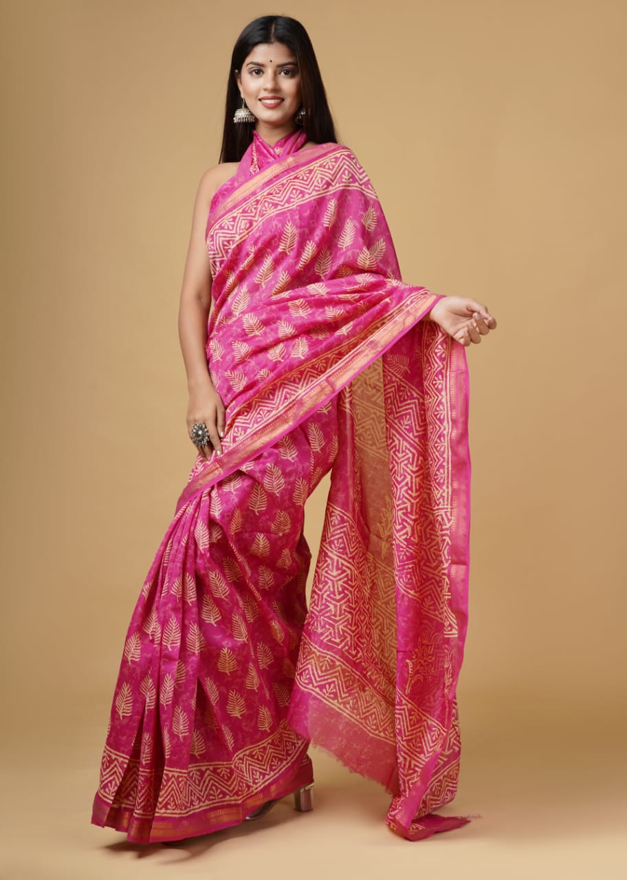 HAND BLOCK PRINTED MAHESHWARI SILK SAREE (5.5 Mtr) WITH UNSTICHED BLOUSE PIECE (90CM)