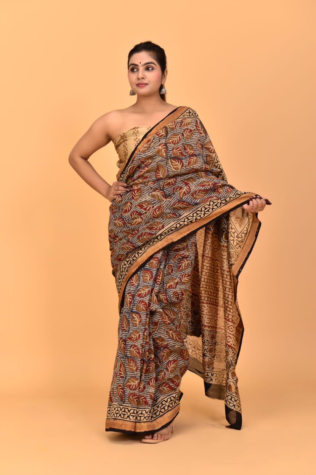 HAND BLOCK PRINTED MAHESHWARI SILK SAREE (5.5 Mtr) WITH UNSTICHED BLOUSE PIECE (90CM)