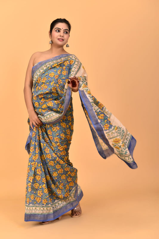 HAND BLOCK PRINTED MAHESHWARI SILK SAREE (5.5 Mtr) WITH UNSTICHED BLOUSE PIECE (90CM)