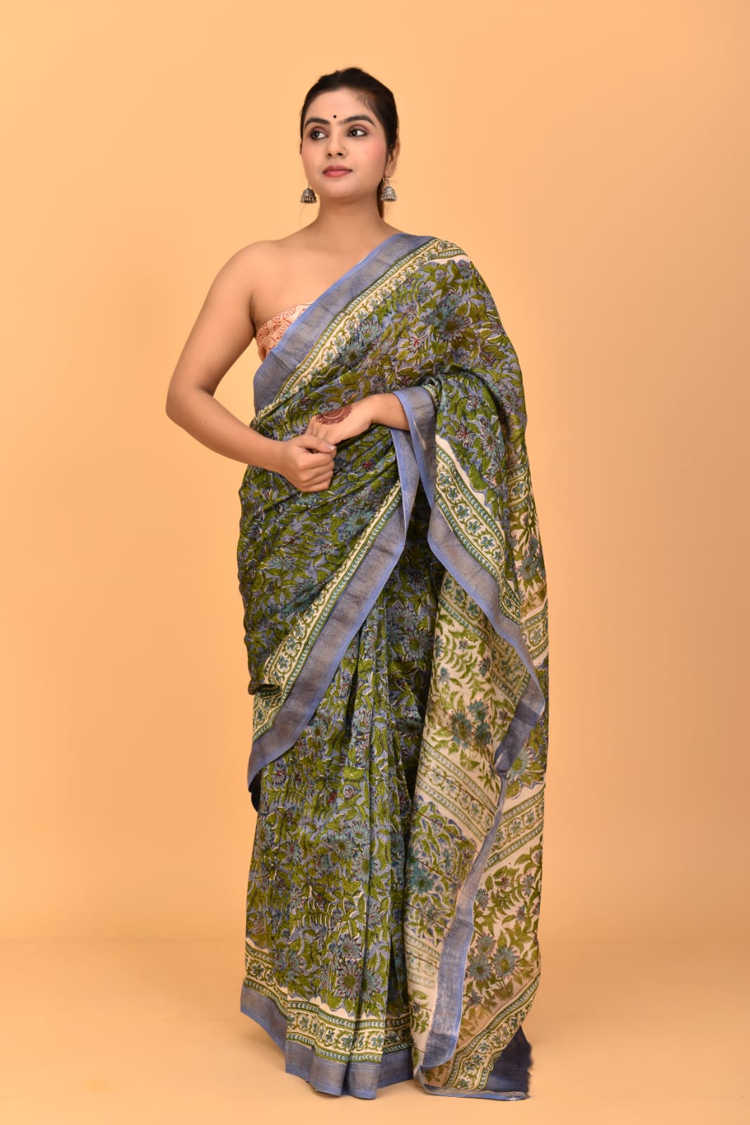 HAND BLOCK PRINTED MAHESHWARI SILK SAREE (5.5 Mtr) WITH UNSTICHED BLOUSE PIECE (90CM)