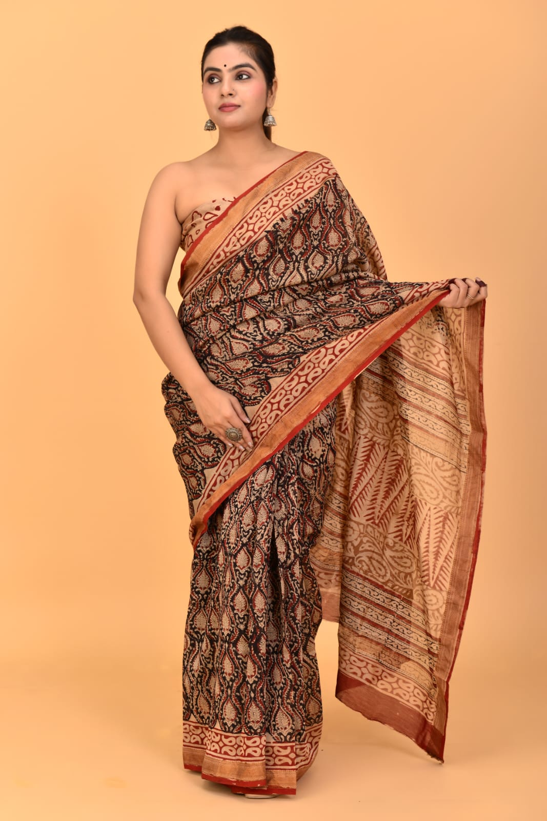 HAND BLOCK PRINTED MAHESHWARI SILK SAREE (5.5 Mtr) WITH UNSTICHED BLOUSE PIECE (90CM)