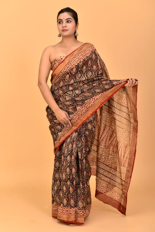 HAND BLOCK PRINTED MAHESHWARI SILK SAREE (5.5 Mtr) WITH UNSTICHED BLOUSE PIECE (90CM)