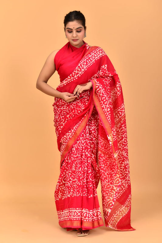 HAND BLOCK PRINTED MAHESHWARI SILK SAREE (5.5 Mtr) WITH UNSTICHED BLOUSE PIECE (90CM)