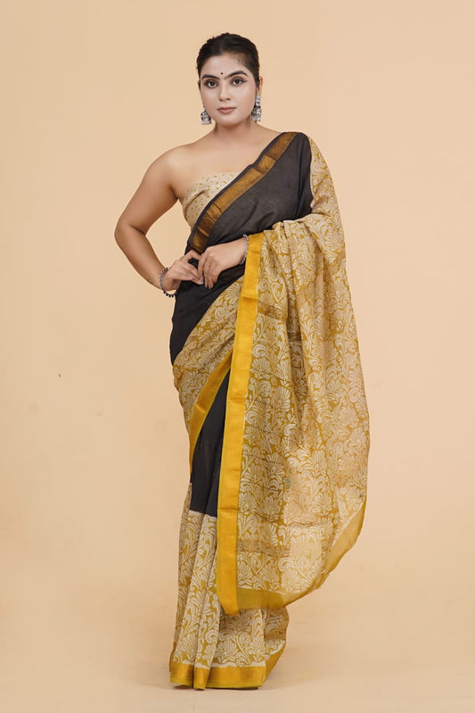 HAND BLOCK PRINTED MAHESHWARI SILK SAREE (5.5 Mtr) WITH UNSTICHED BLOUSE PIECE (90CM)