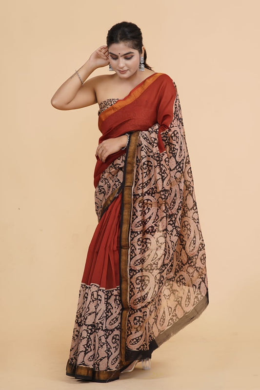HAND BLOCK PRINTED MAHESHWARI SILK SAREE (5.5 Mtr) WITH UNSTICHED BLOUSE PIECE (90CM)