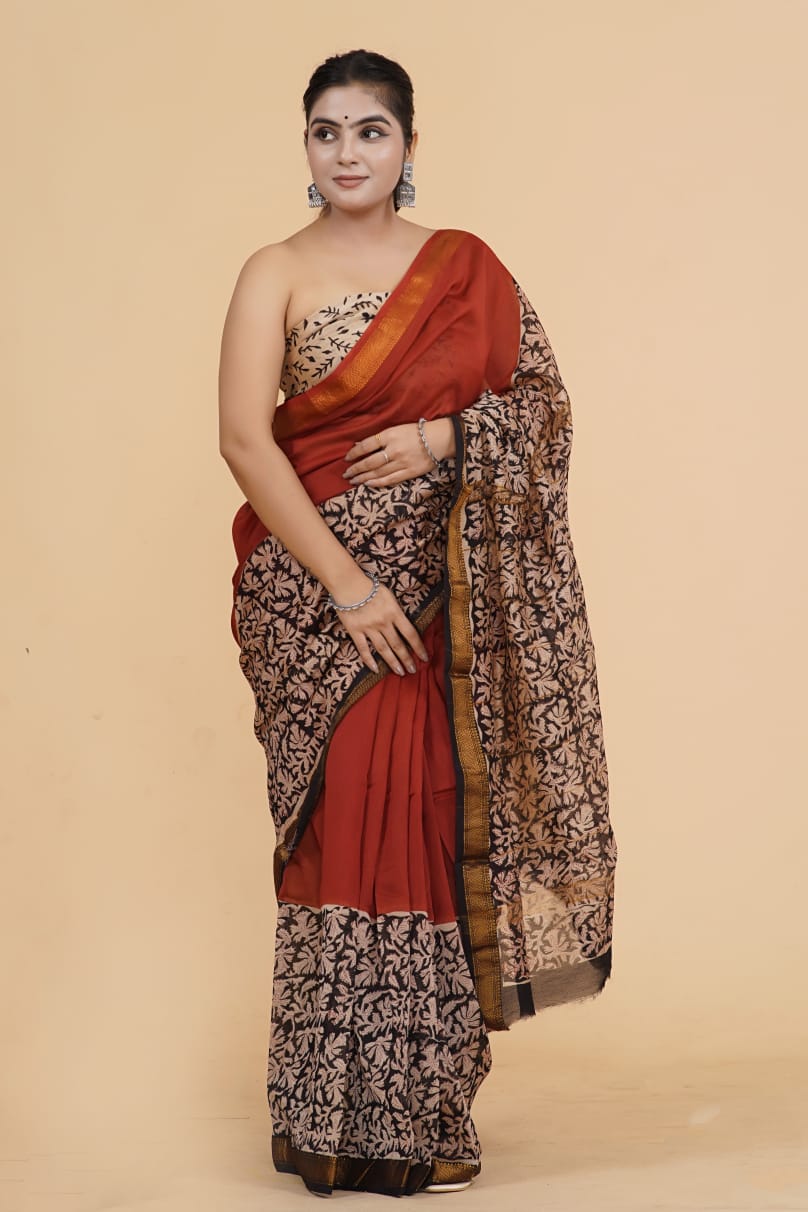 HAND BLOCK PRINTED MAHESHWARI SILK SAREE (5.5 Mtr) WITH UNSTICHED BLOUSE PIECE (90CM)