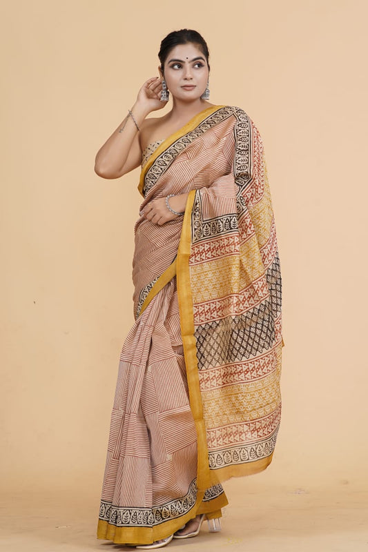 HAND BLOCK PRINTED MAHESHWARI SILK SAREE (5.5 Mtr) WITH UNSTICHED BLOUSE PIECE (90CM)